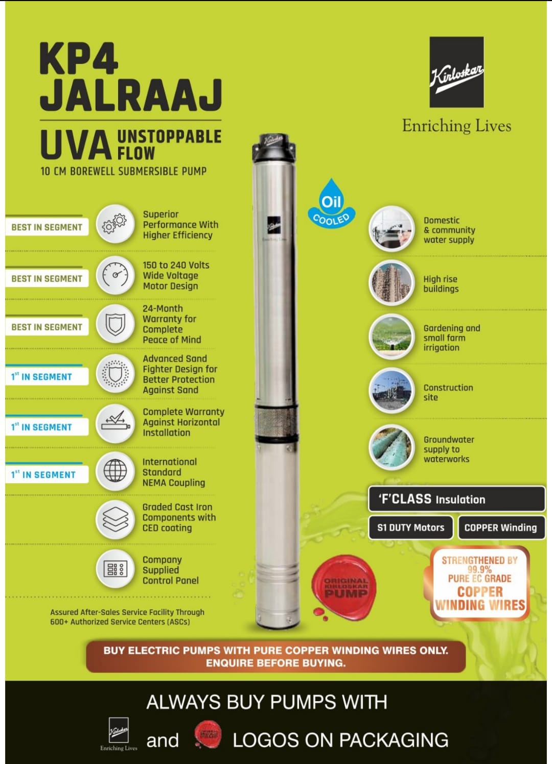 KIRLOSKAR  UVA60 - 1010 Oil Cooled Submersible Pump (1 HP) 10 Stage With Panel