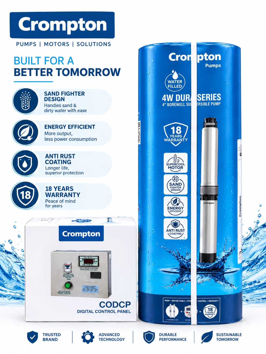 CROMPTON Submersible Oil Filled  Pump (1 HP) 14 Stage with Panel